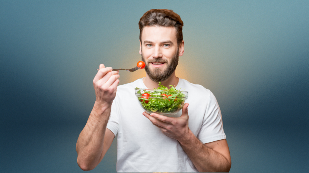 Man practicing healthy eating habits as part of a natural lifestyle approach to managing spermatorrhea and restoring internal balance