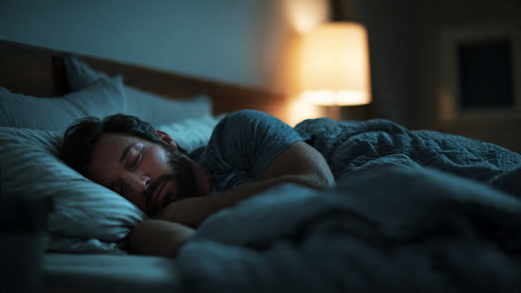 Man sleeping in bed at night illustrating nocturnal emission (wet dream or nightfall) concept related to male reproductive health